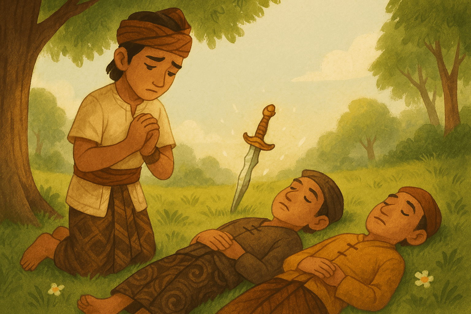 The wise hero Aji Saka stands looking down with deep sadness and regret at his two loyal followers, Dora and Sembada, lying peacefully on the grassy ground.