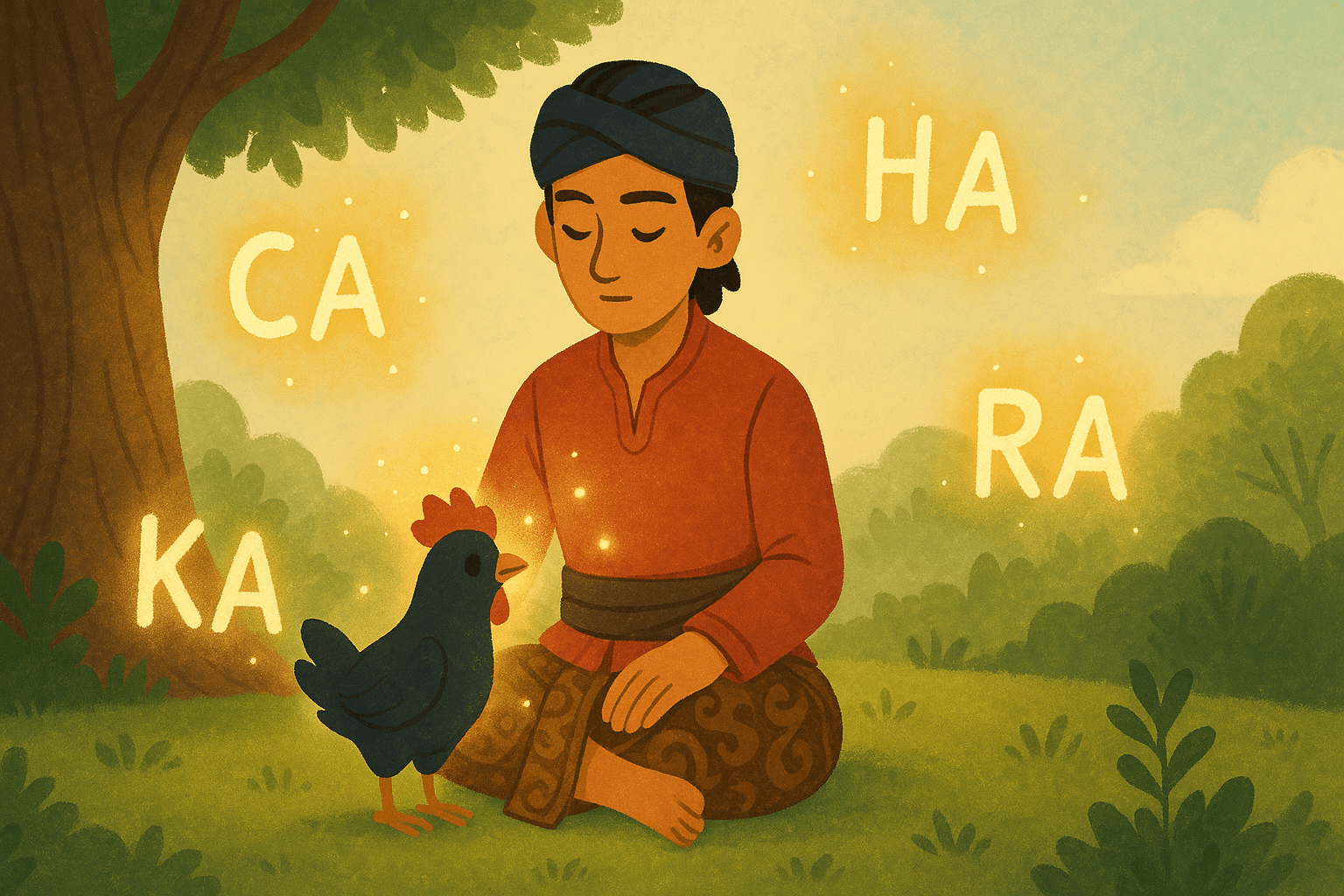 The wise Aji Saka sits calmly under a tree or inside a simple room, looking thoughtful. Glowing, stylized Javanese script characters (Aksara Jawa - maybe showing 'Ha Na Ca Ra Ka') magically appear and float gently around him, symbolizing their creation in memory of his followers.