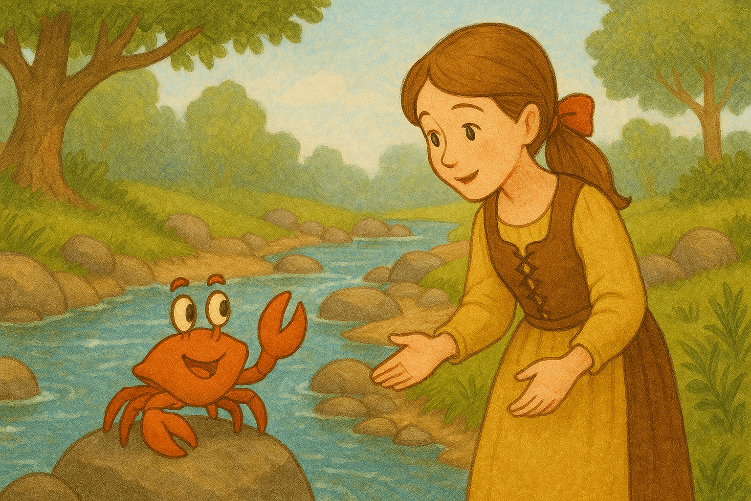 Klenting Kuning berdiri di tepi sungai jernih sambil berbicara dengan seekor kepiting lucu berwarna merah-oranye. Ekspresi mereka ramah dan sopan. Latar adalah sungai kecil dengan batu-batu dan pohon rindang, suasana pagi yang cerah dan damai.