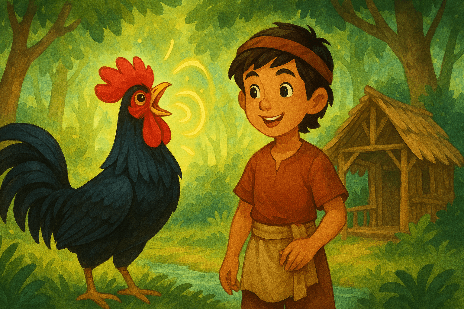  A bright young boy, Cindelaras, stands in the forest near his simple hut. Beside him is a magnificent black rooster with a bright red comb, crowing proudly. Magical sound waves or sparkles emanate from the rooster's beak, indicating its special ability to speak.
