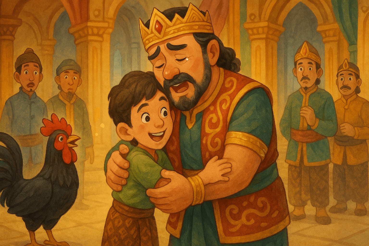 Inside a grand Indonesian palace hall, King Raden Putra, looking shocked and emotional, warmly embraces the young boy Cindelaras. The special black rooster stands nearby, looking proud. Courtiers look on in surprise. The scene is filled with emotion and rich palace details. Children's fairy tale illustration style, detailed regal setting, moment of reunion and recognition, warm lighting.