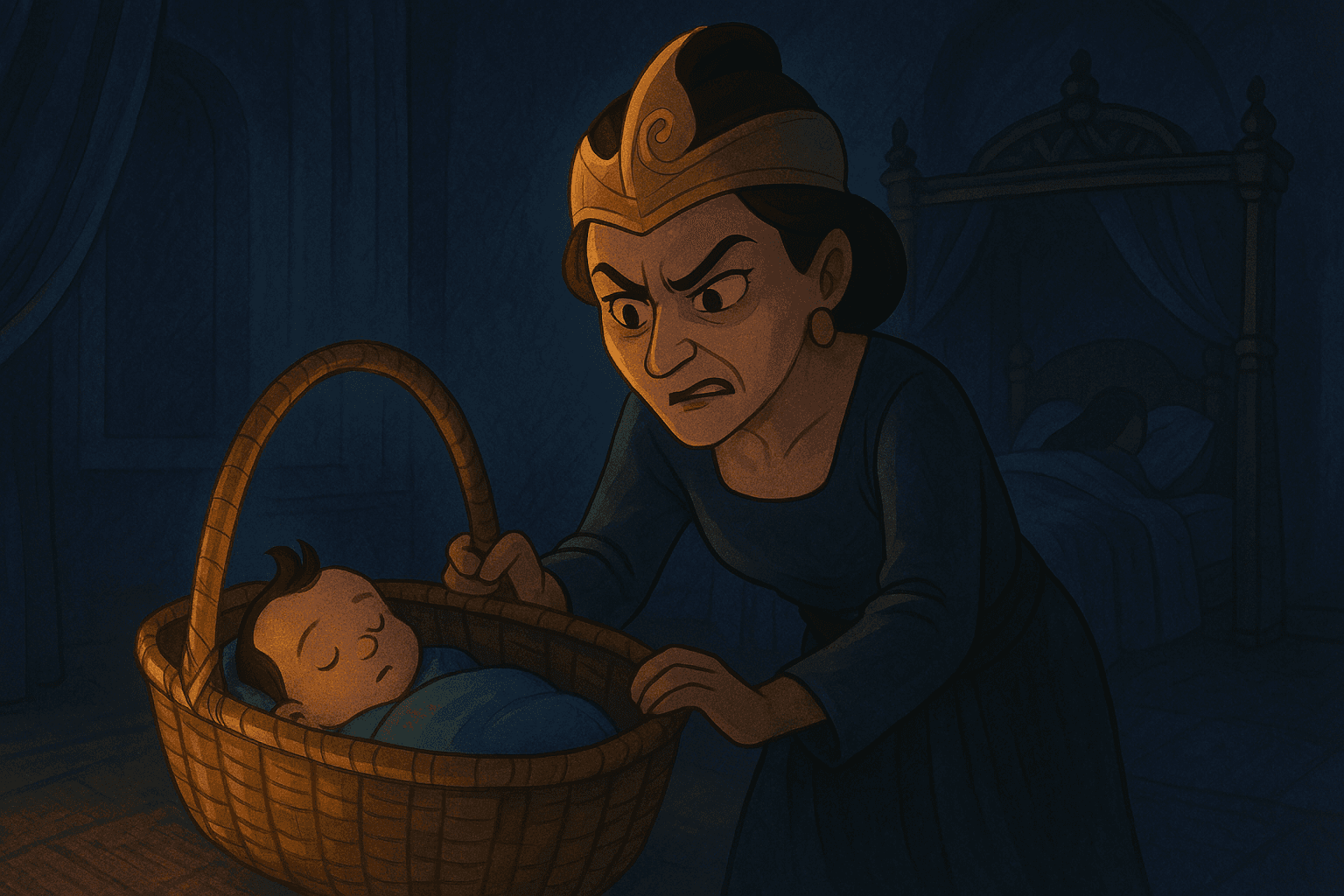Di dalam sebuah kamar tidur istana yang remang-remang pada malam hari, Dewi Pangrenyep terlihat sedang membungkuk di atas sebuah keranjang anyaman kecil. Di dalam keranjang itu ada bayi Ciung Wanara yang sedang tidur. Ekspresi Dewi Pangrenyep menunjukkan campuran antara rasa bersalah dan tekad jahat saat dia bersiap membawa keranjang itu pergi. Di latar belakang, terlihat siluet tempat tidur mewah tempat permaisuri mungkin sedang tidur. Suasana misterius dan menegangkan namun tetap dalam gaya dongeng anak.