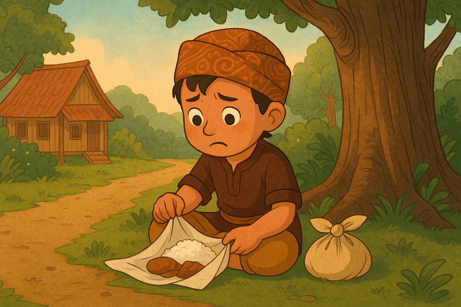 Seorang anak kecil mengenakan pakaian tradisional membawa bungkusan makanan di jalan desa. Ia duduk di bawah pohon, membuka bungkusan dengan ekspresi lapar dan bersalah, mencicipi nasi dan lauk. Suasana tenang namun penuh rasa bersalah.
