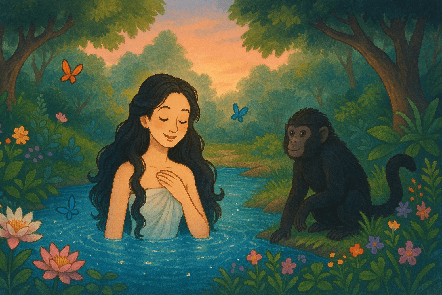 Telaga ajaib di tengah hutan saat fajar. Air berkilau kebiruan, bunga dan kupu-kupu di sekelilingnya. Purbasari sedang mandi di telaga dengan rambut tergerai, tersenyum tenang. Lutung Kasarung duduk berjaga di tepi telaga. Nuansa magis dan damai.