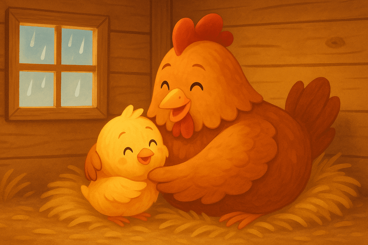 Inside a cozy, warm chicken coop made of simple wood and straw, the mother hen gently hugs the little yellow chick with her wing. Both look relieved and happy. Soft raindrops are visible outside a small window. Toddler fairy tale illustration style, heartwarming scene of safety and love, warm colors. --ar 16:9