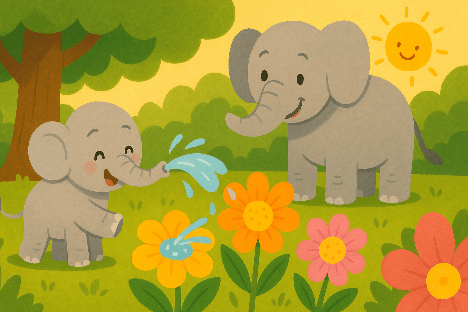 The proud and happy baby elephant uses its small trunk to gently spray water onto a patch of large, colorful flowers.