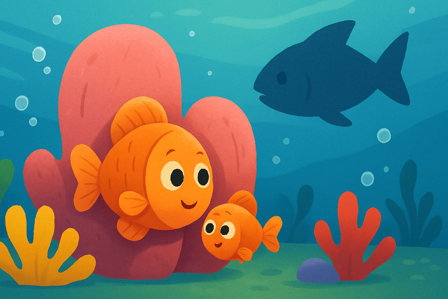 The cute little orange fish is sleeping peacefully, nestled close beside its larger mother fish inside a simple, cozy sea cave or under a soft seaweed blanket.