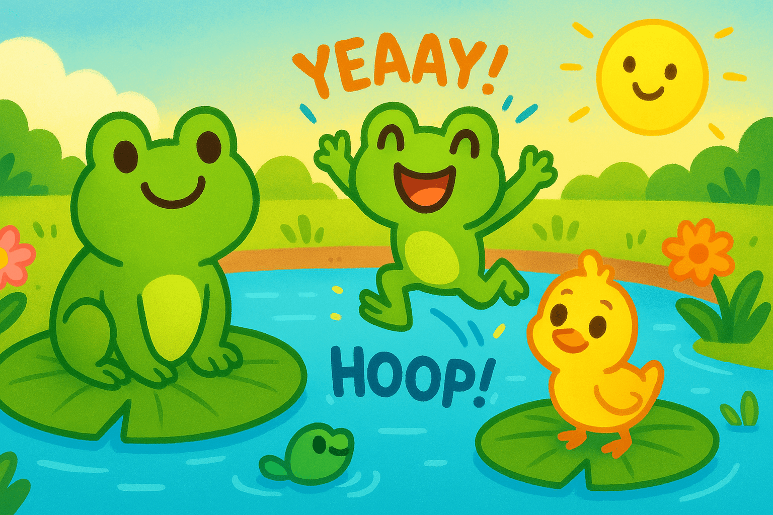 he happy little green frog is landing successfully on a large green lily pad