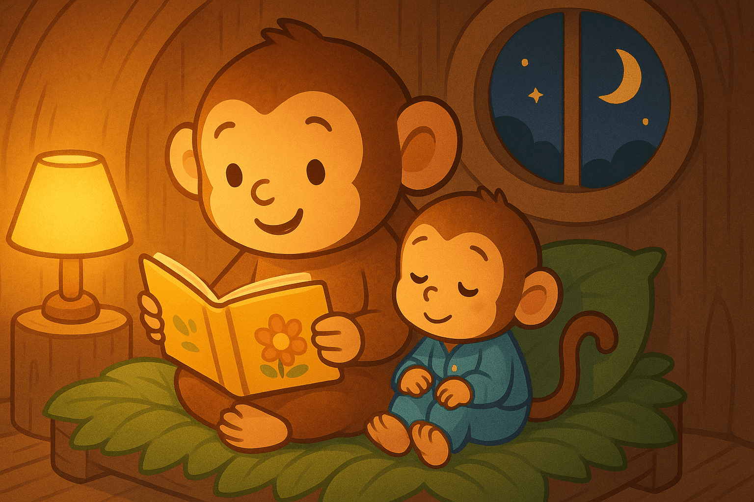 Mother Monkey sits cozily on a simple bed made of soft leaves inside the treehouse, reading aloud from a colorful picture book. The little monkey, wearing cute blue pajamas, snuggles close to her, looking sleepy but happy, listening intently. Soft, warm lighting from a small lamp or moonlight from a window. Toddler fairy tale illustration style, heartwarming, gentle colors. --ar 16:9