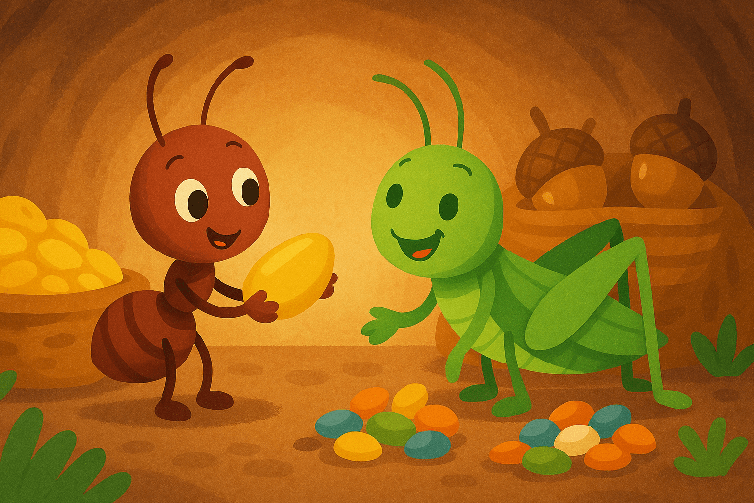 Inside a cozy, warm little anthill home filled with piles of colorful seeds and grains, the kind little ant smiles and offers a seed to the grateful green grasshopper. Both characters look happy and friendly. Warm, gentle lighting. Children's fairy tale illustration style for toddlers, heartwarming scene of sharing and kindness, simple details. --ar 16:9