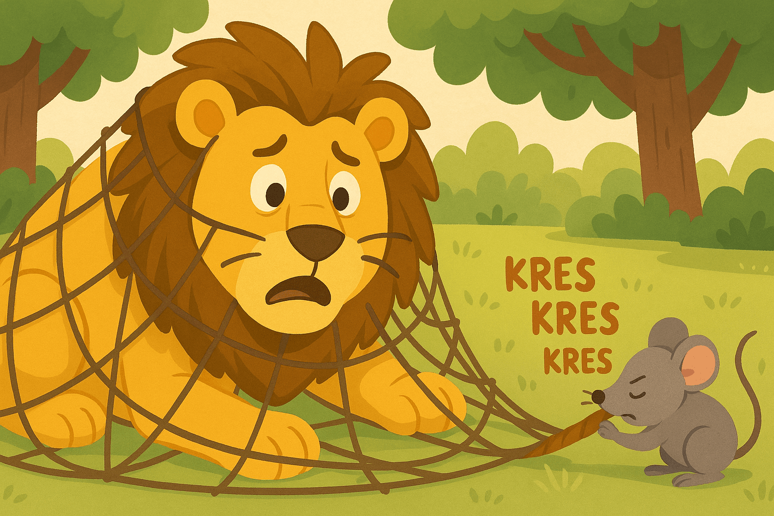 The large, smiling cartoon lion and the tiny, happy grey mouse are sitting peacefully together under a big green tree. The mouse might be sitting near the lion's paw, and they are looking at each other kindly. Sunny day, colorful flowers around them. Toddler fairy tale illustration style, heartwarming scene of friendship, simple and cute characters. --ar 16:9