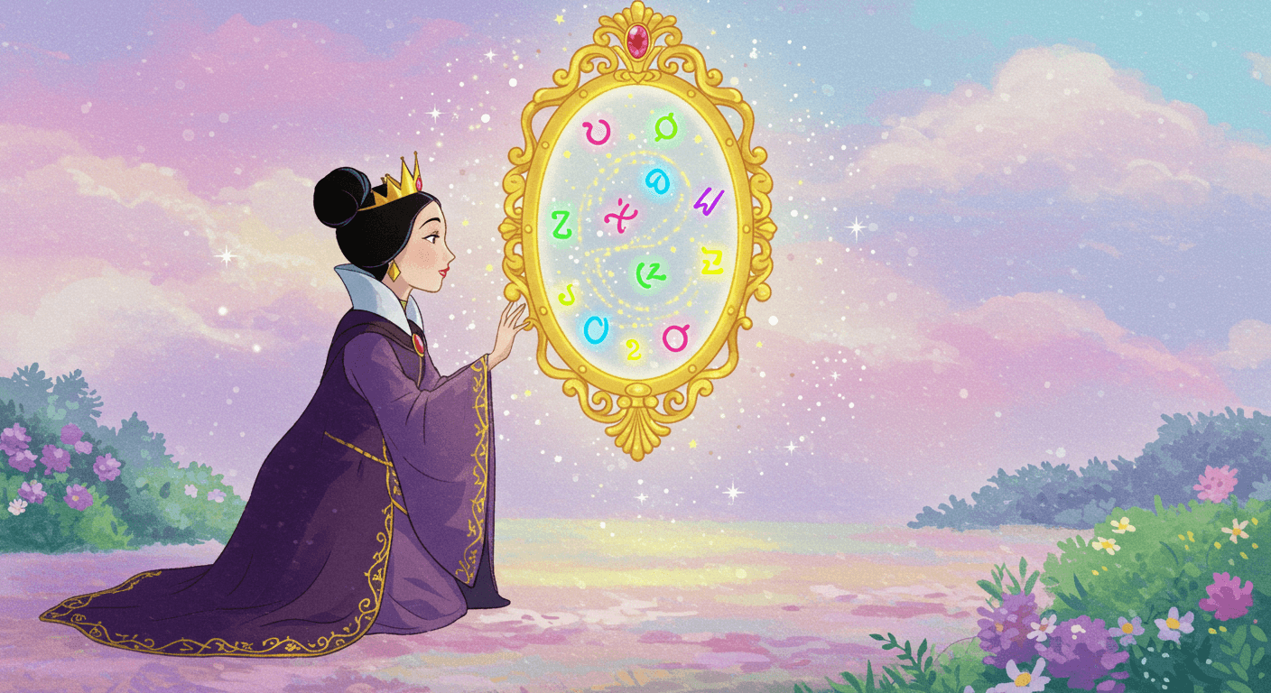 A kind and beautiful princess with dark hair (Putri Salju) stands smiling gently outside a cute, small, whimsical cottage in a friendly forest.
